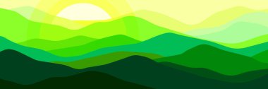 Dağlarda çok renkli gün batımı. Panorama, saydam dalgalar, soyut yeşil cam şekiller, modern arkaplan, vektör tasarımı projeniz için illüstrasyon