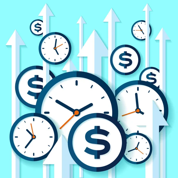 时钟和美元图标的平面风格 计时器和货币标志的色彩背景 把箭举起来任务概念 时间管理 再看一下商业竞争矢量图为您演示 — 图库矢量图片