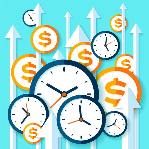 时钟和美元图标的平面风格 计时器和货币标志的色彩背景 把箭举起来任务概念 时间管理 再看一下商业竞争矢量图为您演示 — 图库矢量图片