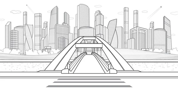 Desenhos Pretos Ilustração Urbana Ponte Pedonal Sobre Rio Cidade Negócios —  Vetores de Stock