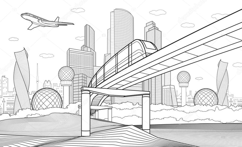 Black outlines Infrastructure town illustration. Train rides on bridge. Modern city at white background, tower and skyscrapers, business building, plane is flying. Vector design art