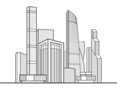 Modern kasaba. Şehir kompleksi. İş merkezi. Altyapı, resimle özetliyor. Beyaz arka planda siyah çizgiler. Vektör tasarım sanatı 