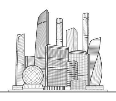 Modern kasaba. Şehir kompleksi. İş merkezi. Altyapı, resimle özetliyor. Beyaz arka planda siyah çizgiler. Vektör tasarım sanatı 