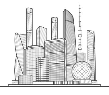Modern kasaba. Şehir kompleksi. İş merkezi. Altyapı, resimle özetliyor. Beyaz arka planda siyah çizgiler. Vektör tasarım sanatı 