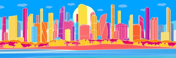 Красочный Яркий Набережный Городской Пейзаж Цветной Современный Город Инфраструктура Рисует — стоковый вектор