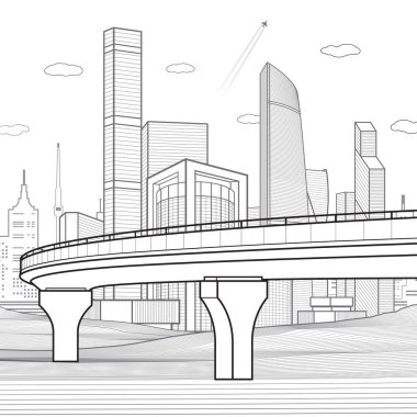 Siyah hatlar Altyapı Kasabası resimlerini özetliyor. Üstgeçit. Beyaz arka planda modern şehir, kule ve gökdelenler, iş binası, uçak uçuyor. Vektör tasarım sanatı