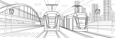 Şehir manzarası, modern şehir, arka planda geçiş köprüsü. İki tramvay gezintidir. Elektrikli taşıma. Siyah ana hatlı vektör altyapısı çizimi