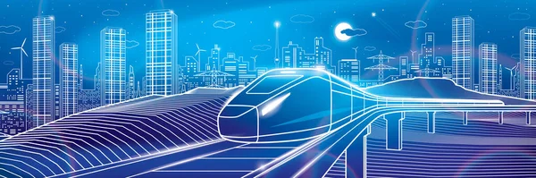 Современный Ночной Город Неоновый Город Поезд Едет Городская Инфраструктура Транспортная — стоковый вектор