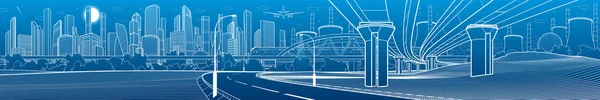 希韦立交桥火车在桥上行驶 照明城市的道路 城市景观基础设施工业图景全景 现代城镇 城市生活 蓝色背景的白色轮廓 矢量设计 — 图库矢量图片