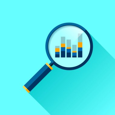 Büyüteç simgesi düz stil. Renkli arkaplanda loupe 'u ara. İş analitik illüstrasyon. Projeniz için bir nesne tasarlayın. Raster kopyası