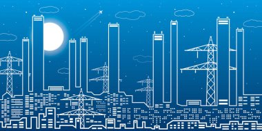 Elektrik santrali, enerji endüstrisi illüstrasyonu, kentsel gece sahnesi. Fabrika altyapısı. Vektör tasarım sanatı