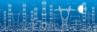 Elektrik santrali, enerji endüstrisi, illüstrasyon panoraması, şehir gece sahnesi. Borular ve elektrik hatları. Fabrika altyapısı. Vektör tasarım sanatı