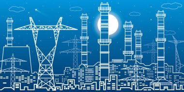 Elektrik santrali, enerji endüstrisi, illüstrasyon panoraması, şehir gece sahnesi. Borular ve elektrik hatları. Fabrika altyapısı. Vektör tasarım sanatı