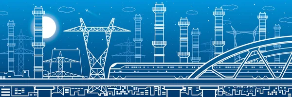 Köprüde tren yolculuğu. Elektrik santrali, enerji endüstrisi, illüstrasyon panoraması, şehir gece sahnesi. Borular ve elektrik hatları. Fabrika altyapısı. Vektör tasarım sanatı