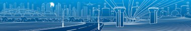 Higway üst geçidi. Köprüde tren yolculuğu. Şehir altyapısı endüstriyel illüstrasyon panoraması. Aydınlatma şehir yolu. Modern kasaba. Şehir hayatı. Mavi arka planda beyaz çizgiler. Vektör tasarımı