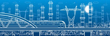 Köprüde tren yolculuğu. Elektrik santrali, enerji endüstrisi, illüstrasyon panoraması, şehir gece sahnesi. Borular ve elektrik hatları. Fabrika altyapısı. Vektör tasarım sanatı