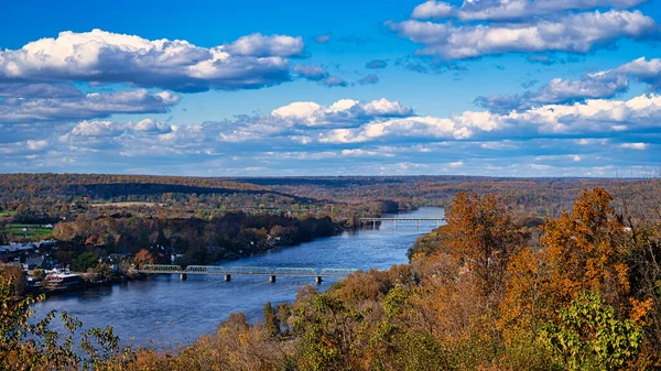 A autumn view of the Delaware River and the town of New Hope Pennsylvania from Goat Hill in West Amwell, New Jersey.