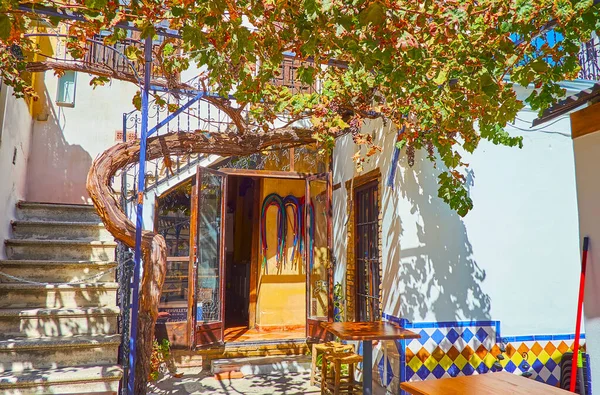 Old Terrace Teahouse Albaicin Neighborhood Narrow Staircase Shady Grapevine Granada — Stock Photo, Image