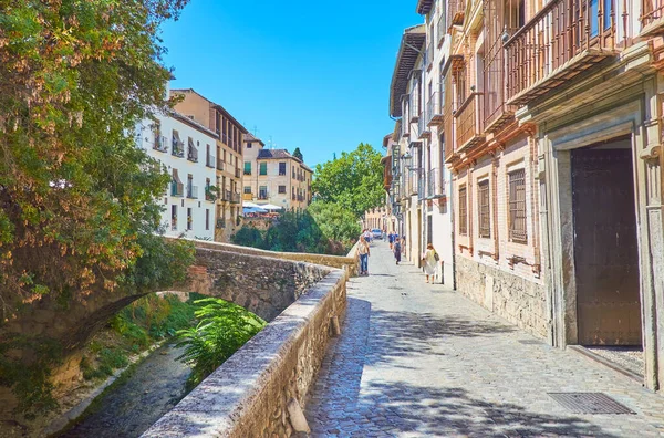 Granada Spain September 2019 Narrow Medieval Carrera Del Darro Street — Stock Photo, Image