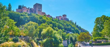 Manzaralı yeşil Sabika Tepesi ile Panorama, Alhambra Kalesi, Darro Nehri geçidi ve uzun ağaçlı ağaç parkı, Paseo de los Tristes Caddesi, Albaicin, Granada, İspanya