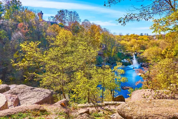 Scenic Rocky Hills Drevlians Park Winding Uzh River Fountain Golden — Stock Photo, Image