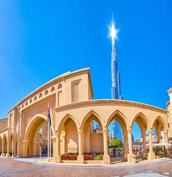 Dubai Vae Maart 2020 Panoramisch Uitzicht Prachtige Boogpoort Naar Paleiswijk — Stockfoto