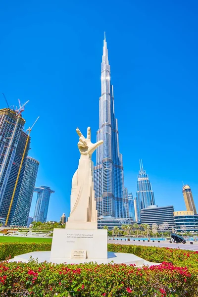 Dubai Sae Března 2020 Socha Trojprstého Salute Věže Burje Khalify — Stock fotografie