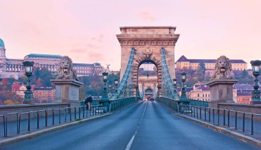 Budapeşte, Macaristan 'ın başkenti Budavari Palota' da bulunan taş aslanlar, Zincir Köprüsü, Kale Tepesi (Budavari Palota) manzaralı şehir merkezinde sabah yürüyüşünün tadını çıkarın.