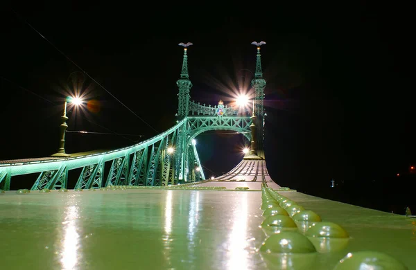 暗い夜空に対する金属明るい緑の自由の橋の閉鎖 ブダペスト ハンガリー — ストック写真