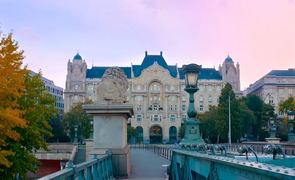 Fasaden Med Det Utskårne Gresham Palace Bak Skulpturen Løve Vintage – stockfoto