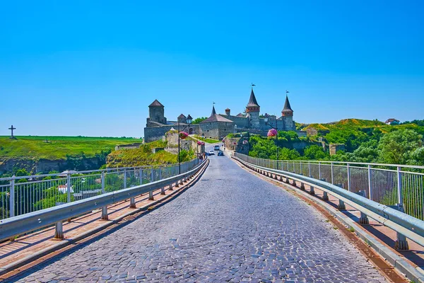 Promenera Historiska Castle Bridge Över Floden Smotrych Kanjon Till Kamianets — Stockfoto