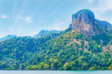 Tayland 'daki Krabi tatil beldesinin kayalık sahil şeridi manzarası.