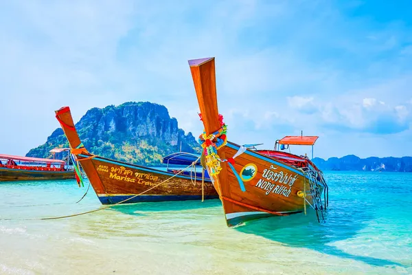 Traditional Thai Wooden Longtail Boats Paintings Colorful Ribbons Koh Mor — Stock Photo, Image