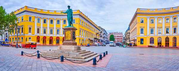 Panorama of Primorskiy Boulevard with the bronze monument to Duc de Richelieu, with historic buildings in background in Odessa, Ukraine
