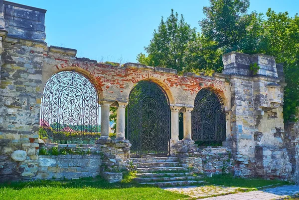 Gewelfde Poort Met Decoratieve Gietijzeren Rooster Leidt Naar Site Van — Stockfoto