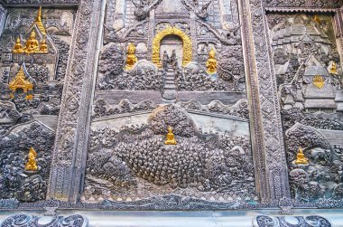 Gümüş Tapınak 'ın arkasındaki metal paneller (Wat Sri Suphan) Ubosot Buda' nın hayatı ve güzel desenleri, Chiang Mai, Tayland