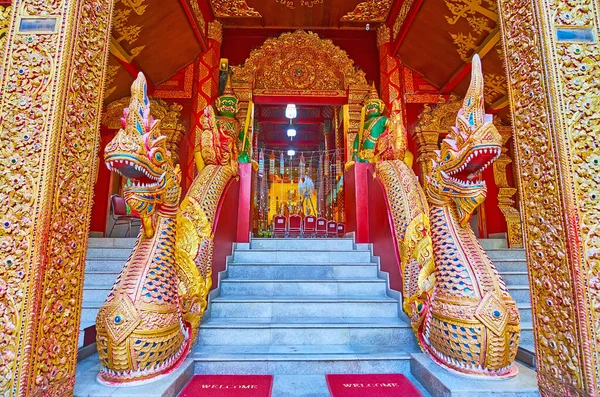Entrance Viharn Silver Temple Decorated Carved Pillars Sculptures Naga Serpents — Stock Photo, Image