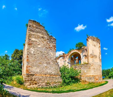 Yeşillik, Medzhybizh ve Ukrayna ile çevrili tarihi ortaçağ Dominik Kutsal Üçleme Katedrali 'nin kalıntıları manzarası