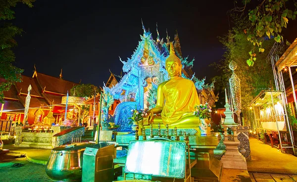 Frontage Stunning Silver Temple Wat Sri Suphan Evening Lights Ornate — Stockfoto