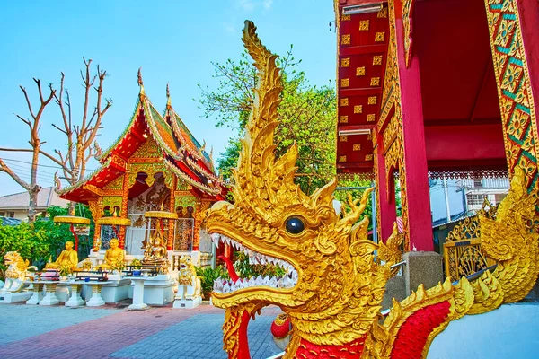 Red Gilt Head Naga Serpent Guarding Viharn Wat Mai Tang — Stockfoto