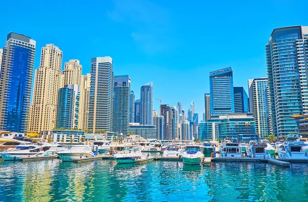 Architettura Urbana Alta Densità Intorno Canale Dubai Marina Con Porto — Foto Stock