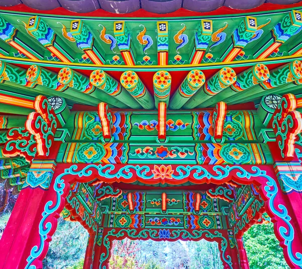 Los Patrones Florales Coloridos Techo Pilares Pagoda Jardín Tradicional Coreano — Foto de Stock