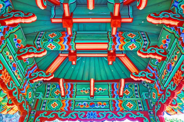 Colorido Techo Madera Pagoda Con Finos Patrones Florales Jardín Tradicional — Foto de Stock