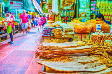 Bangkok, Tayland 'daki kurutulmuş deniz ürünleri, Sampheng Çin marketi.
