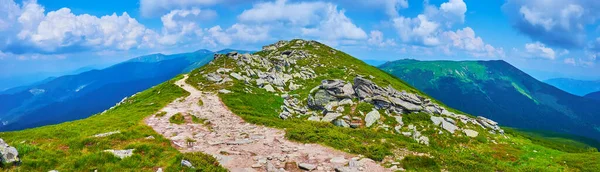 Panorama Con Pico Montaña Cubierto Con Vegetación Alpina Tundra Salidas — Foto de Stock