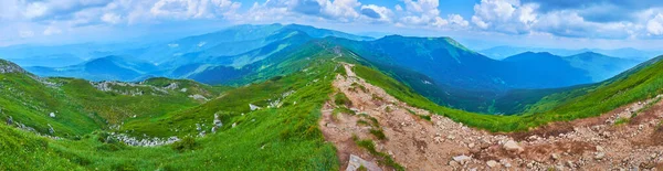Panoramiczny Widok Płaskorzeźbę Czarnohory Pasma Górskiego Jasnym Błękitnym Niebem Karpaty — Zdjęcie stockowe