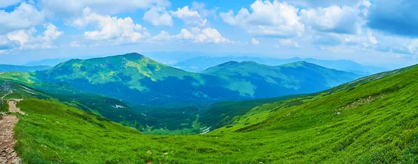 산경사는 초록색 경사지와 우크라 카르파티아 속도로 흐르는 초노라 산맥의 인상적 — 스톡 사진