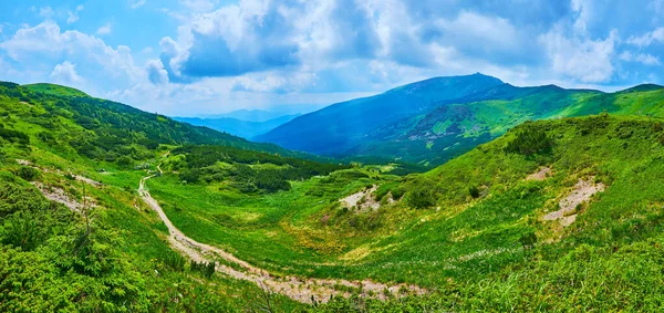 Panorama Zielonej Doliny Kole Pomiędzy Górami Smotrych Pip Ivan Położony — Zdjęcie stockowe