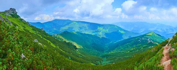 Panorama Vale Verde Montanha Visto Monte Oared Stone Cárpatos Ucrânia — Fotografia de Stock