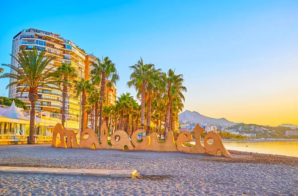 Malaga España Septiembre 2019 Pintoresca Playa Malagueta Con Famoso Cartel —  Fotos de Stock